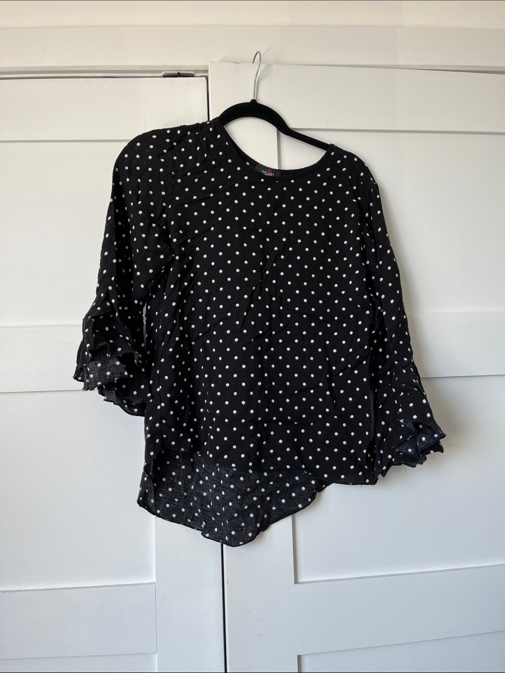 Galaxy By Harvic Black Polka Dot Ruffle-Sleeve Blouse